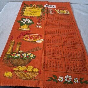 1981 Calendar Kitchen Prayer Linen Tea Towel Vintage MCM floral orange yellow
